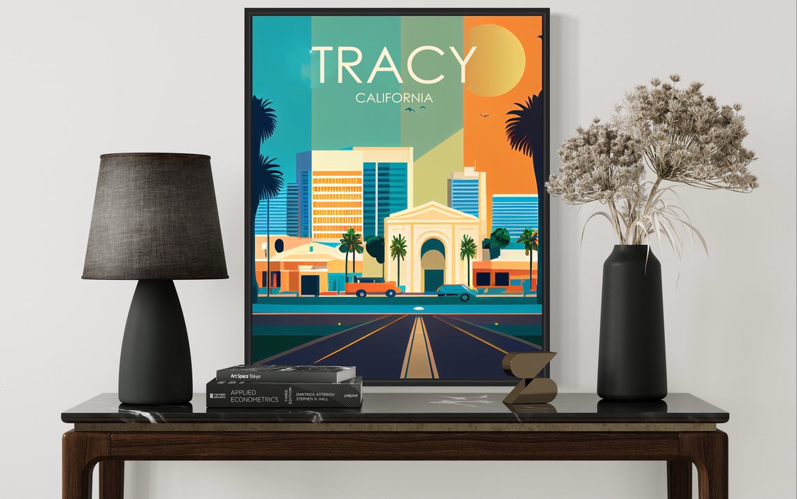 Tracy California Palm Avenue Sunset Cityscape Vintage Poster - Image 3