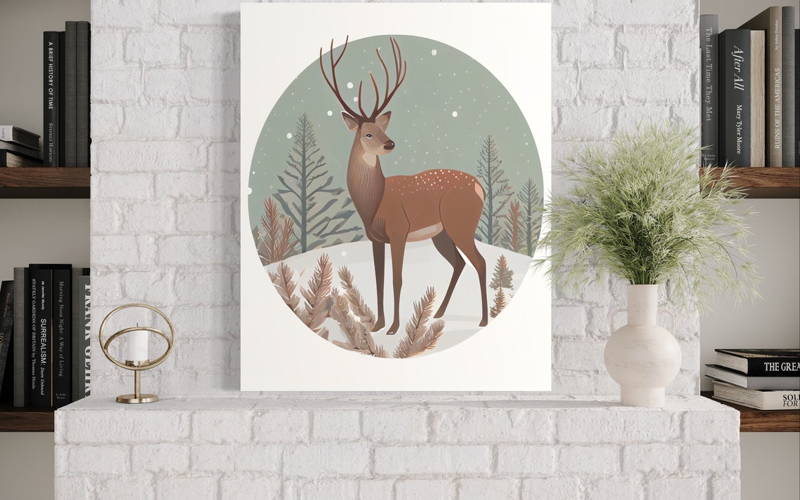 Winter Stag Deer Standing in a Snowy Starry Forest Circle Poster - Image 3
