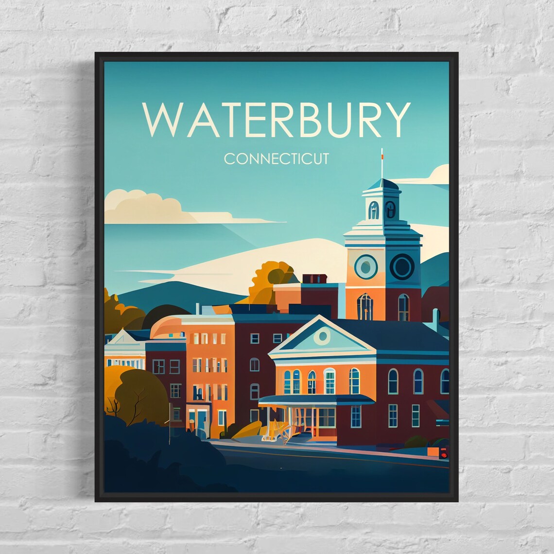 Waterbury Connecticut Historic Clock Tower Street Vintage Poster