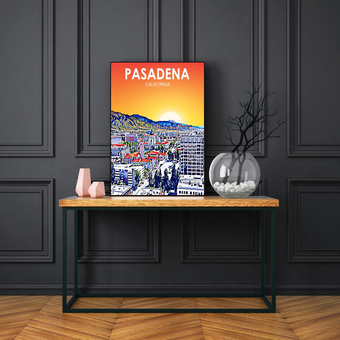 Pasadena California Colorful Sunset Skyline City Travel Poster - Image 3