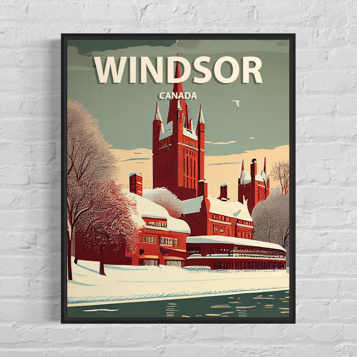 Windsor Canada Snowy Winter Church Scene Retro Travel Poster