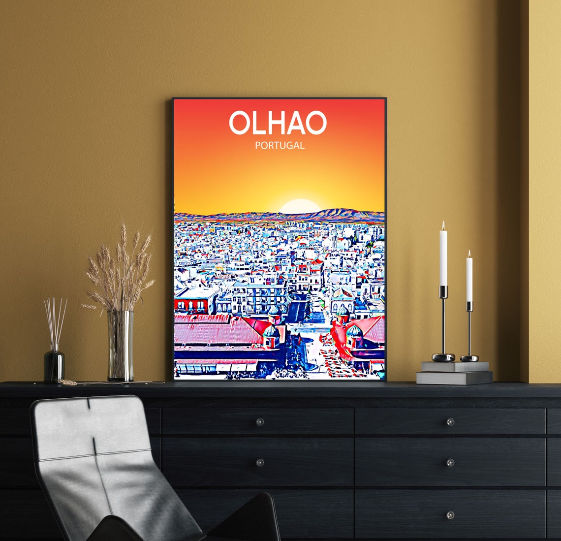 Olhao Portugal Sunset Over City Rooftops Colorful Skyline Poster - Image 2
