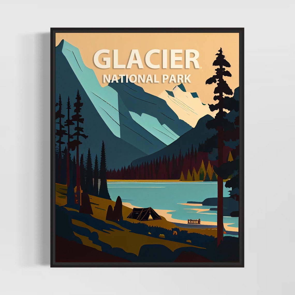 Glacier National Park Snow Peaks Lake and Tent Sunset Poster