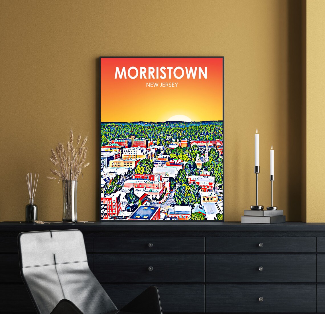 Morristown New Jersey Sunset Town View Colorful Skyline Art Poster - Image 2