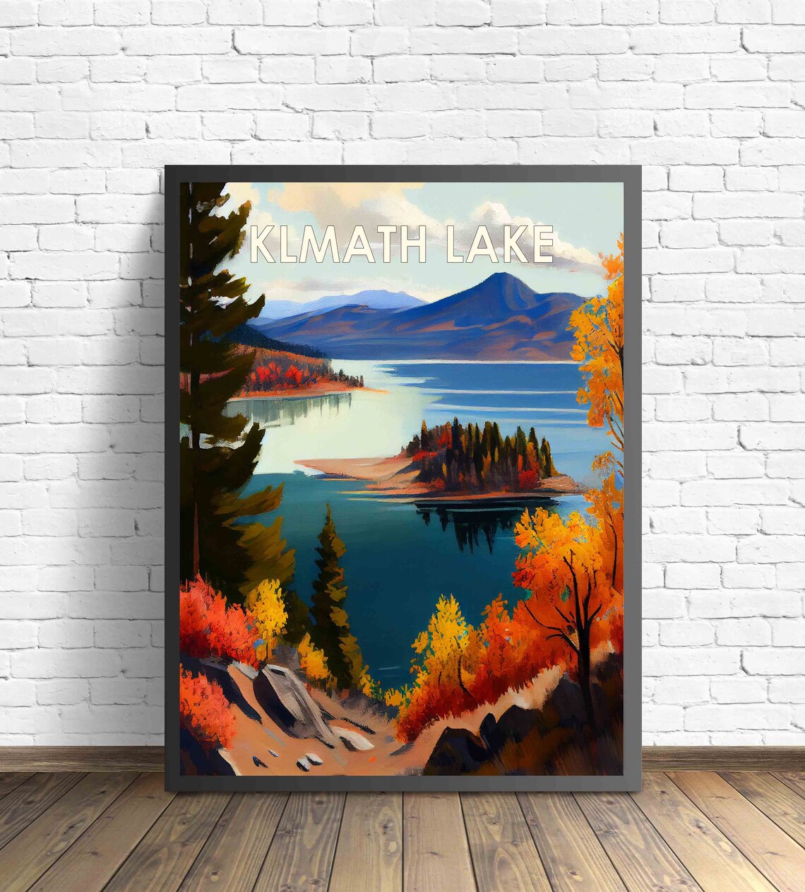 Klamath Lake Oregon Autumn Shoreline Vintage Landscape Painting Poster