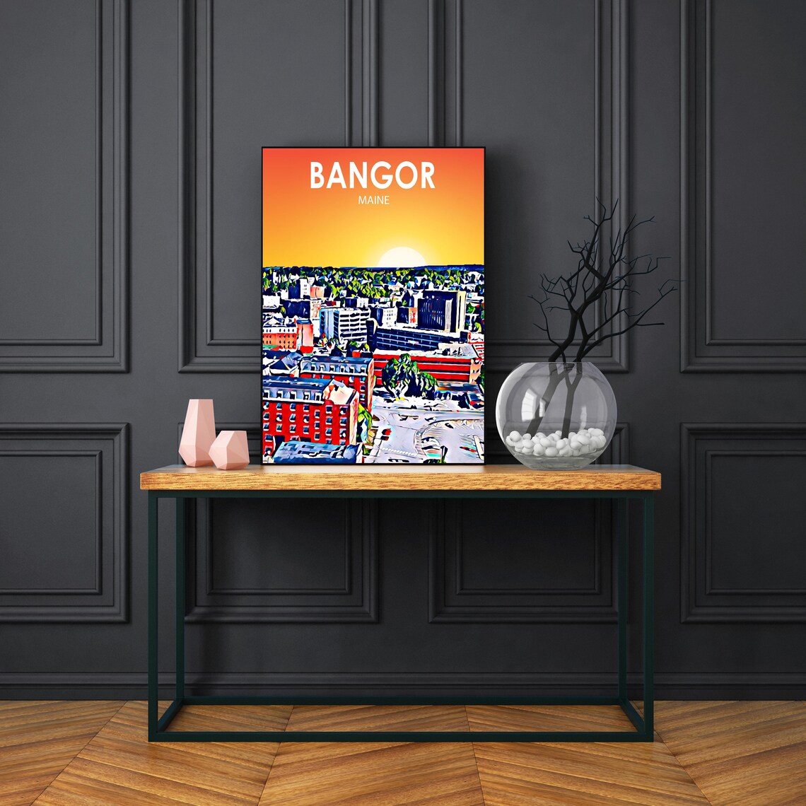 Bangor Maine Art Poster Sunset Night Landscape Poster Print Bangor City Framed Wall Art United States Colorful Skyline Sketch Home Decor - Image 3