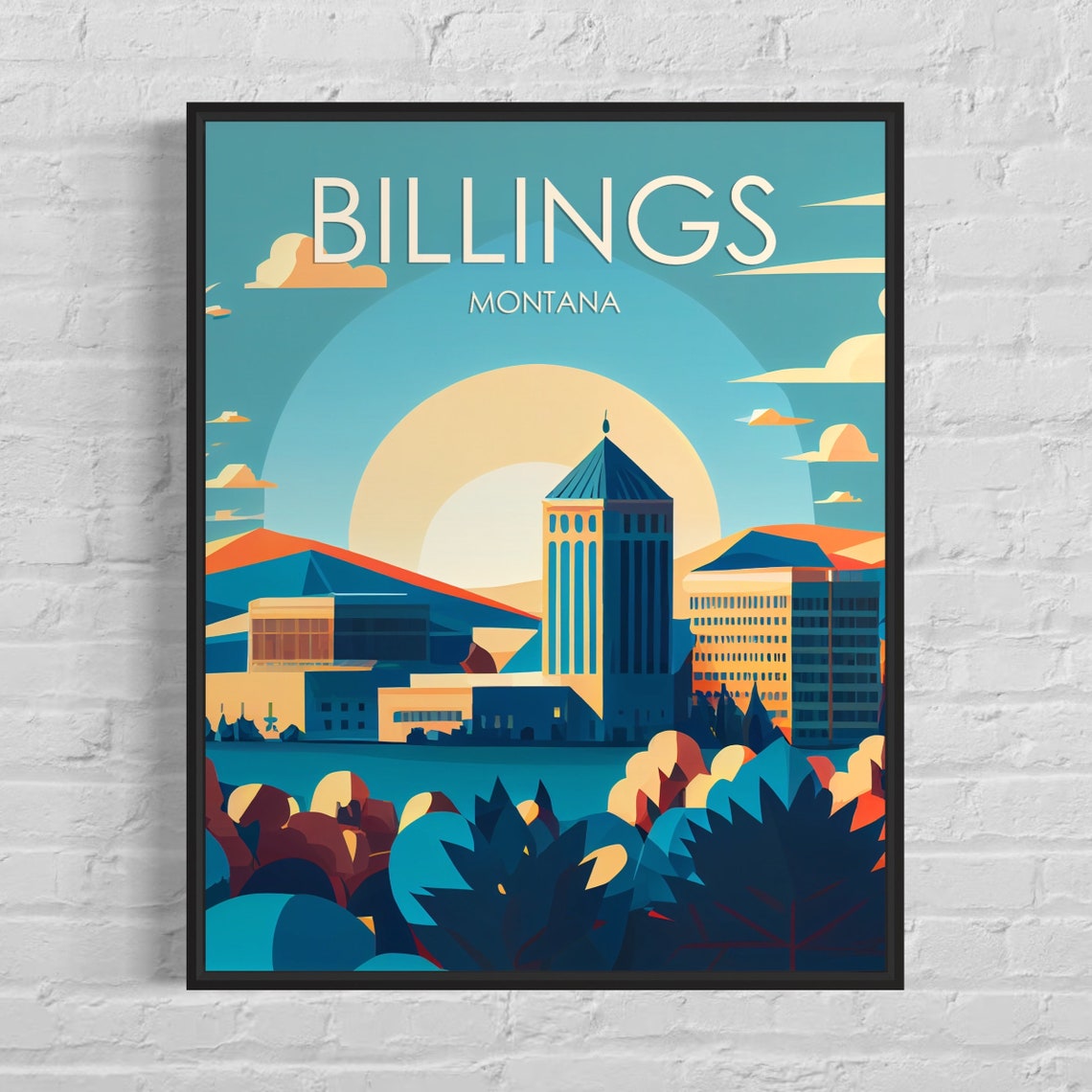 Billings Montana Downtown Tower Sunrise Retro Skyline Travel Poster