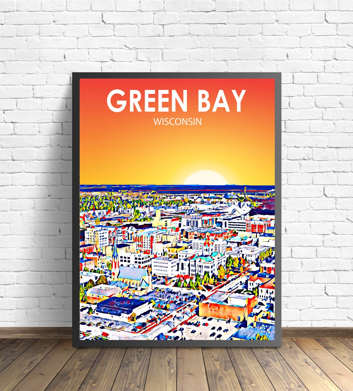 Green Bay Wisconsin Sunset Colorful Aerial Cityscape Skyline Poster