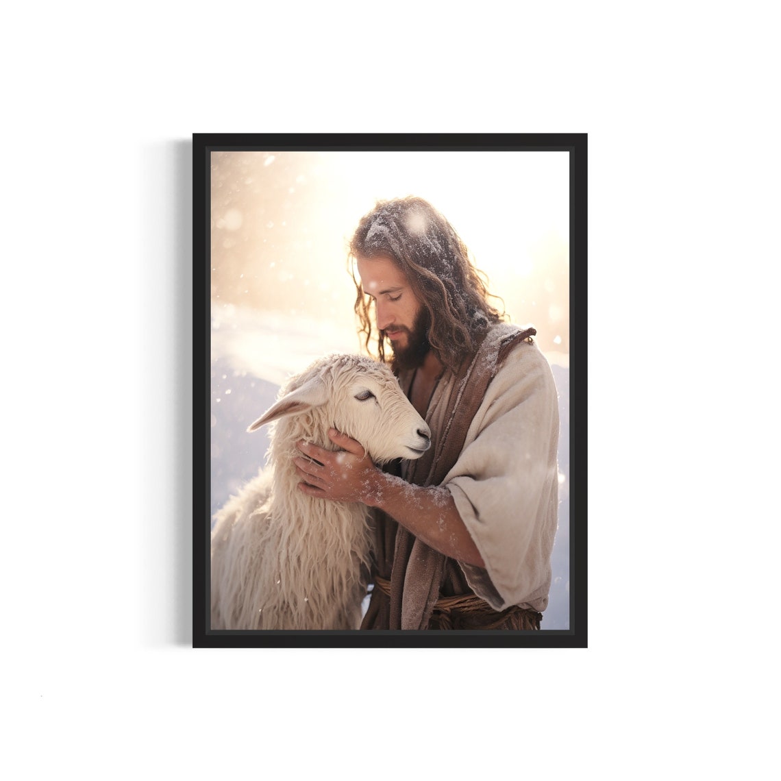 Jesus Christ Tenderly Holding a Lamb in Golden Snowlight Poster
