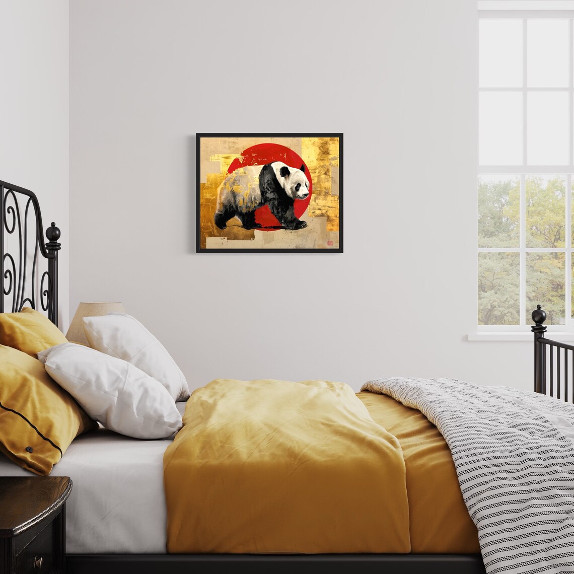 Giant Panda Striding Against Red Sun Asian Gold Style Poster - Image 3