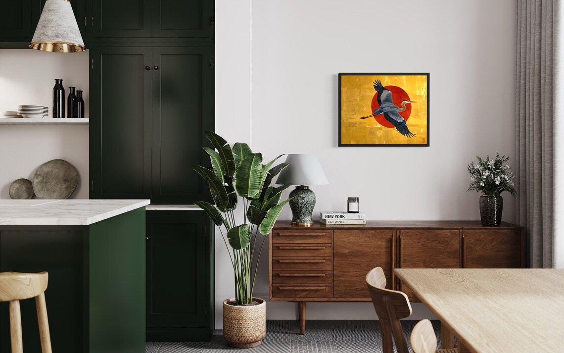 Great Blue Heron Red Sun Gold Leaf Japanese Style Art Poster - Image 3