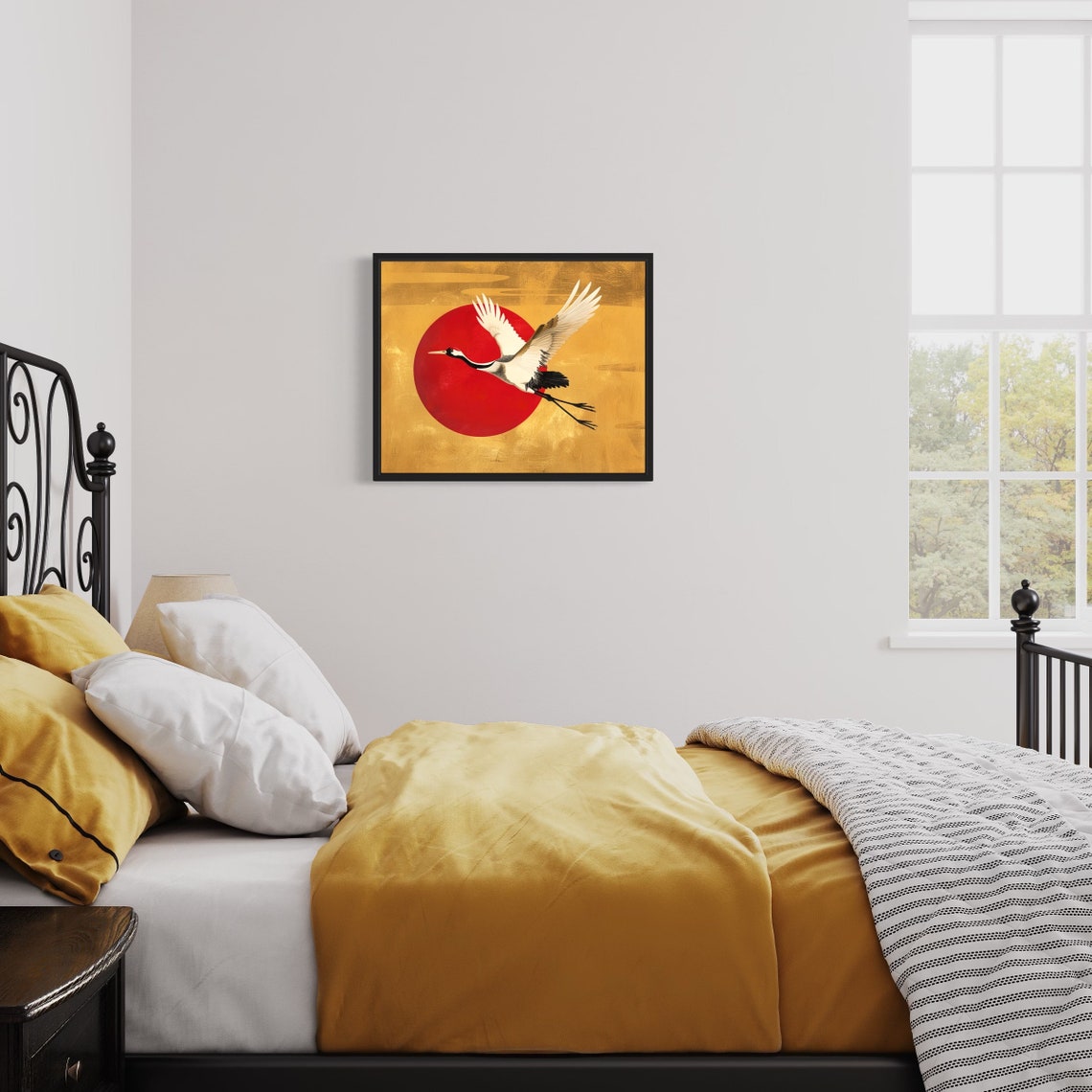 Red Crowned Crane in Flight Against Red Sun Asian Gold Poster - Image 3
