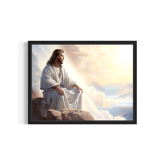 Jesus in Heaven White Robe Clouds Soft Heavenly Light Poster