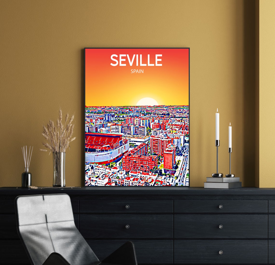Seville Spain Stadium and Red Block Skyline Golden Sunset Poster - Image 2