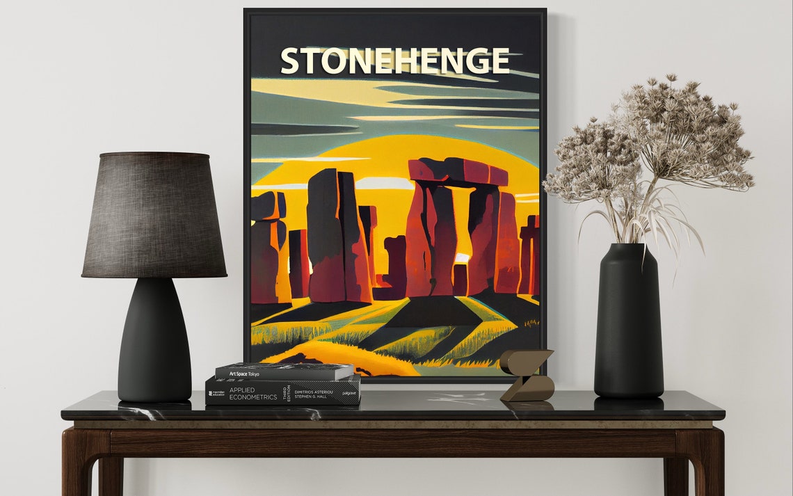 Stonehenge Sunset Standing Stones Golden Sky Retro Art Poster - Image 3