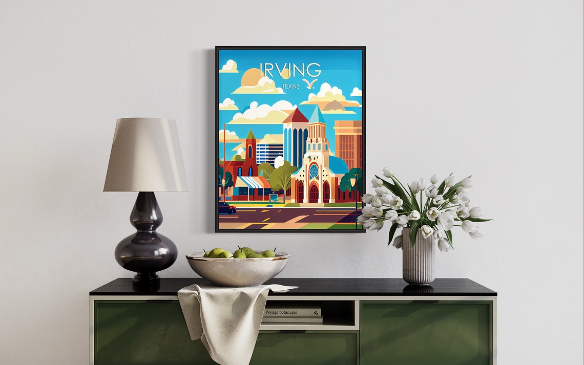 Irving Texas Vintage-Style Retro Downtown Skyline Travel Poster - Image 3