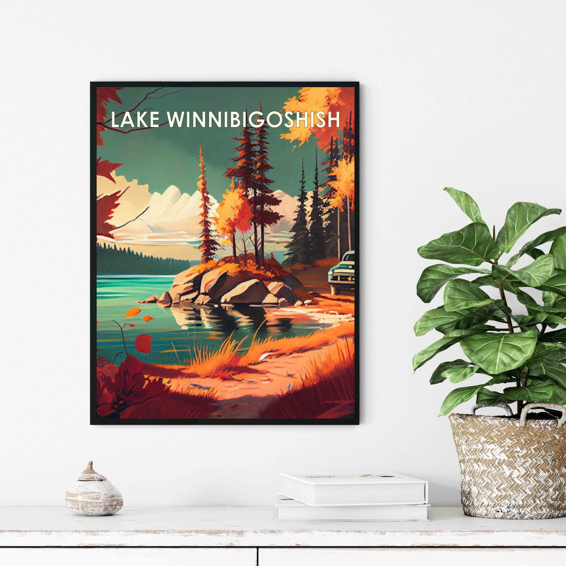 Lake Winnibigoshish Minnesota Retro Poster with Pines and Rocky Shore - Image 3