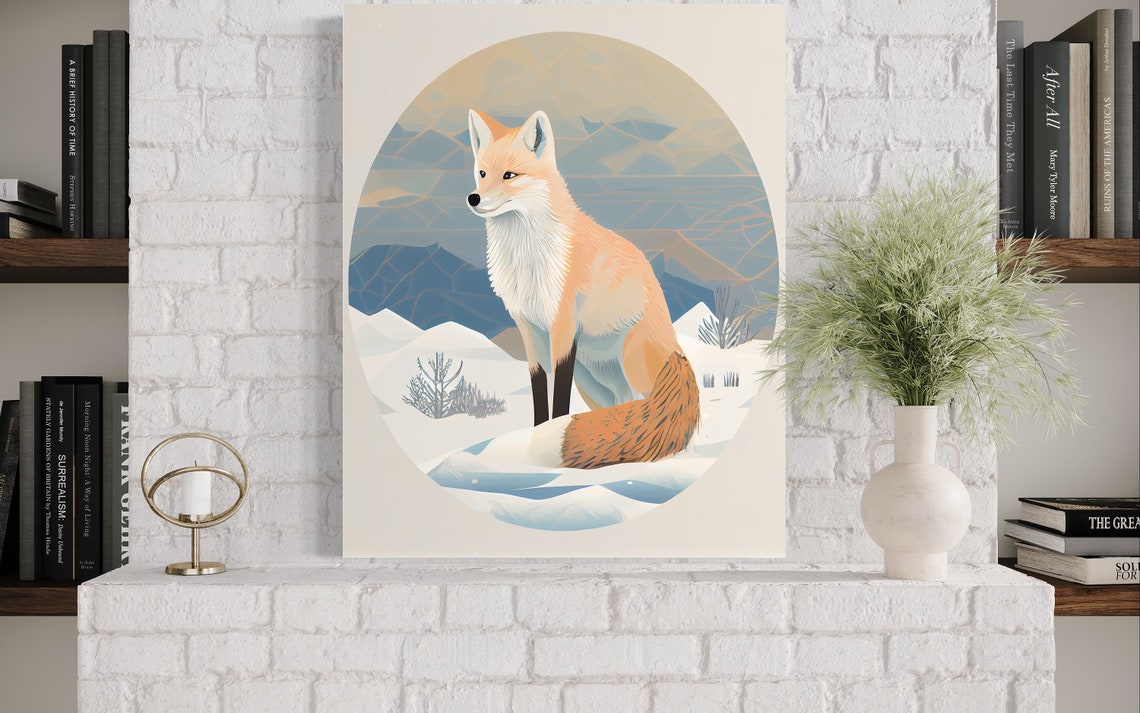 Arctic Fox Snowy Winter Oval Framed Minimal Illustration Poster - Image 3