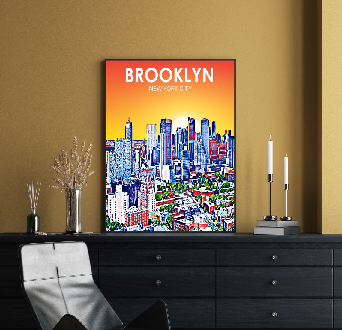 Brooklyn New York City Sunset Manhattan Skyline Fiery Poster - Image 2
