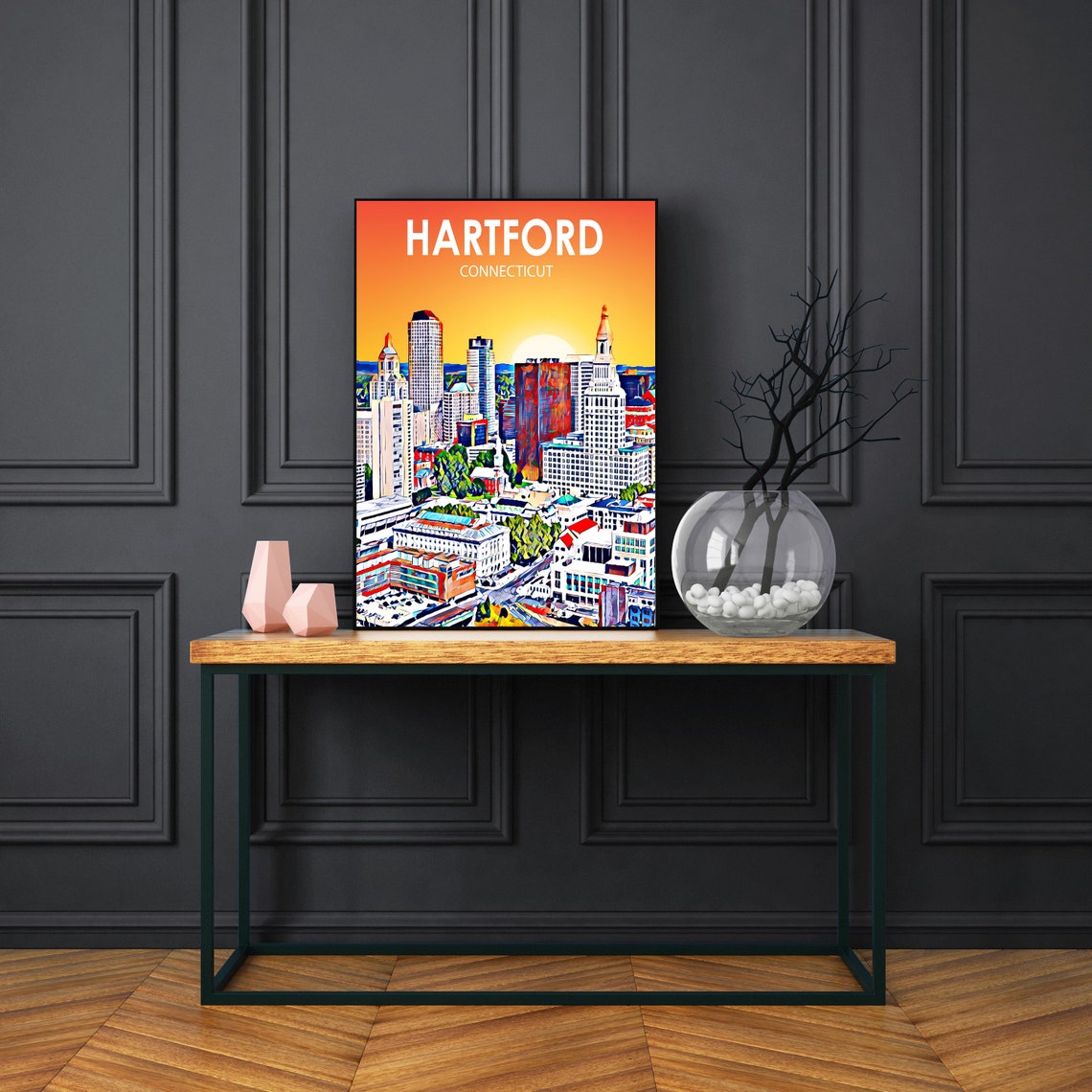 Vibrant Hartford Connecticut Sunset Skyline Cityscape Travel Poster - Image 3