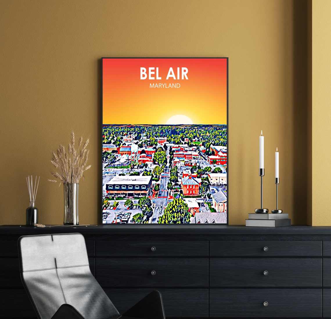 Bel Air Maryland Sunset Downtown Colorful Aerial Skyline Poster - Image 2