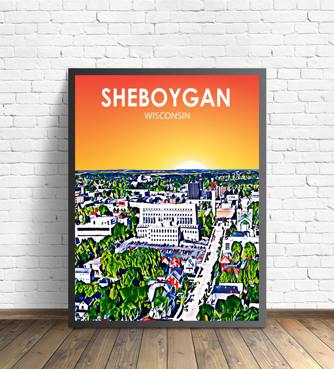 Sheboygan Wisconsin Sunset Aerial Downtown Sketch Art Poster