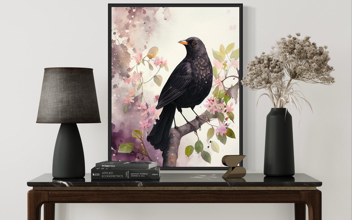 Blackbird Watercolor Bird Perched on Pink Blossom Branch Nature Poster - Image 2