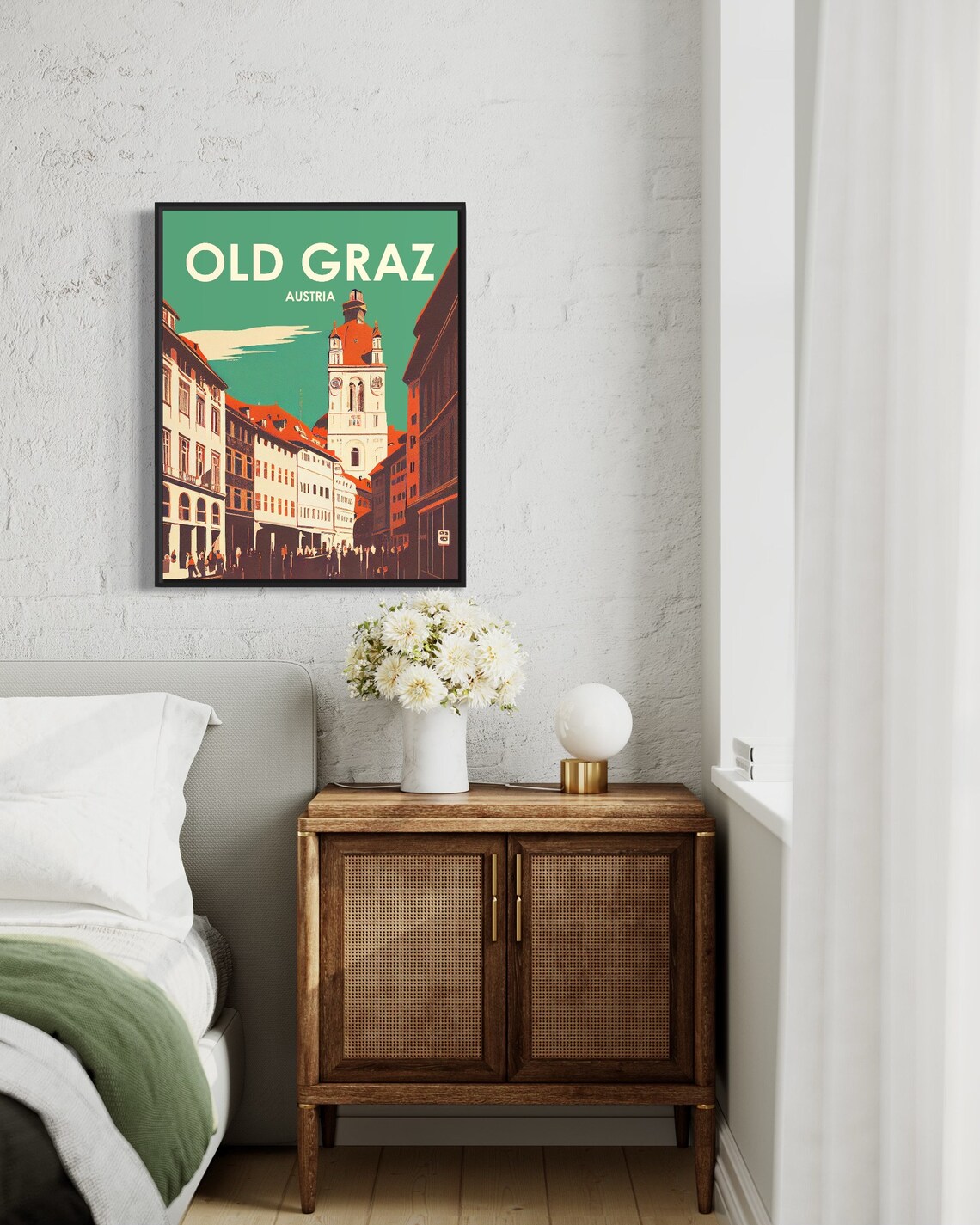 Old Graz Austria Street Scene with Clock Tower Retro Travel Poster - Image 3