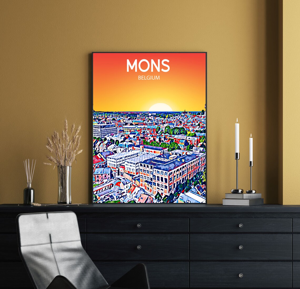 Mons Belgium Historic Rooftops Golden Sunset Skyline City Art Poster - Image 2
