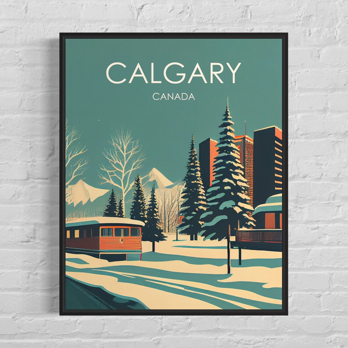 Calgary Canada Snowy Winter Cityscape Retro Vintage Travel Poster