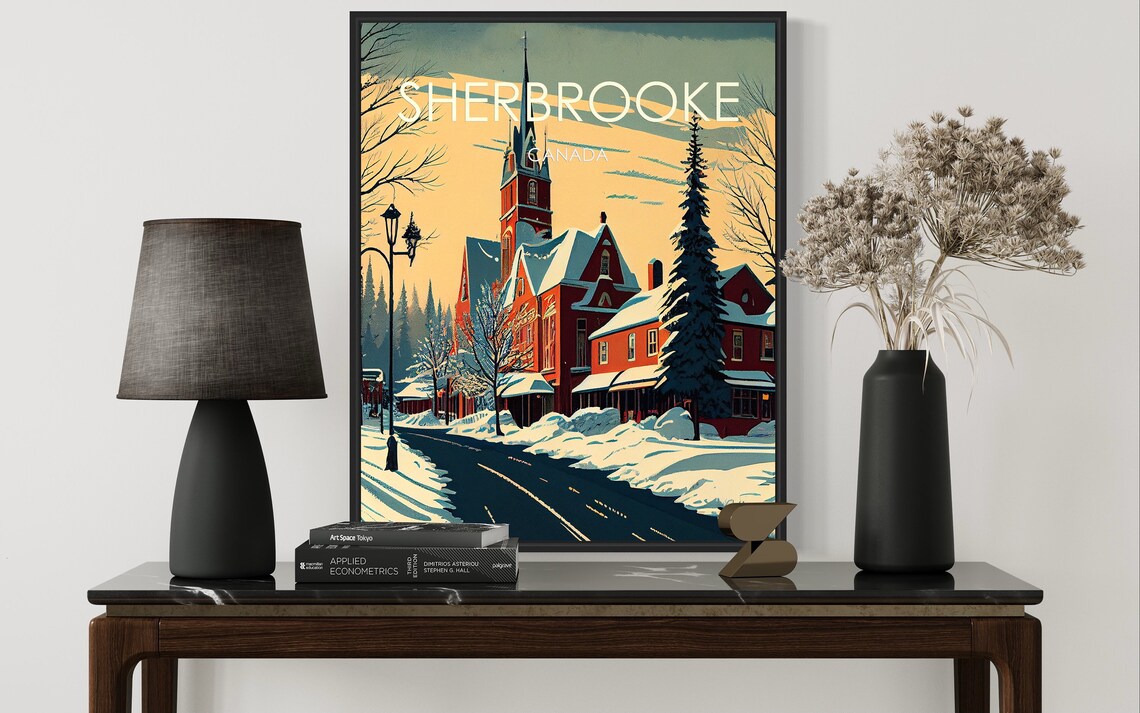 Sherbrooke Canada Snowy Winter Street With Glowing Church Poster - Image 2