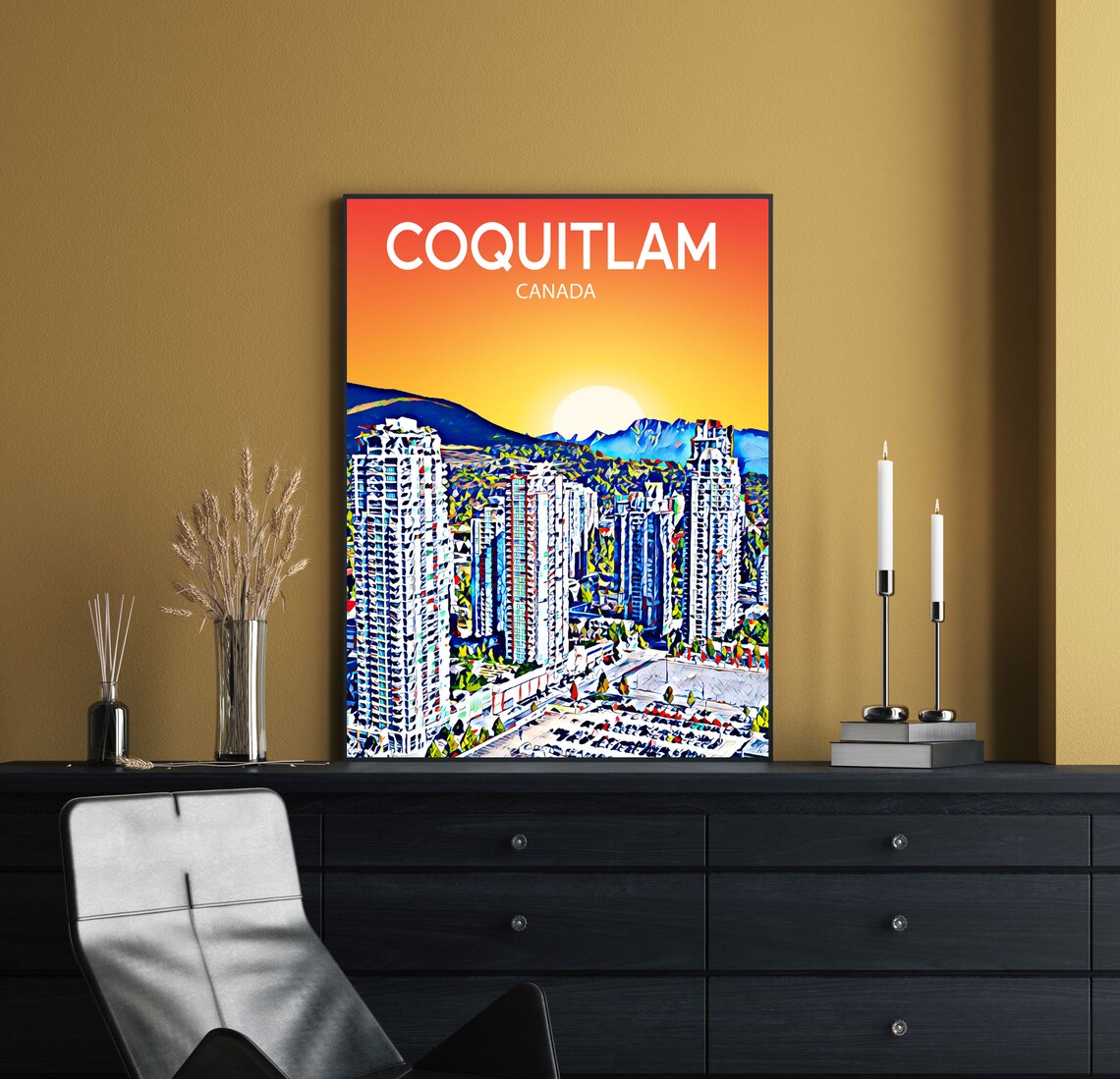Coquitlam Canada Skyscrapers Mountains Sunset Pop Art Travel Poster - Image 2