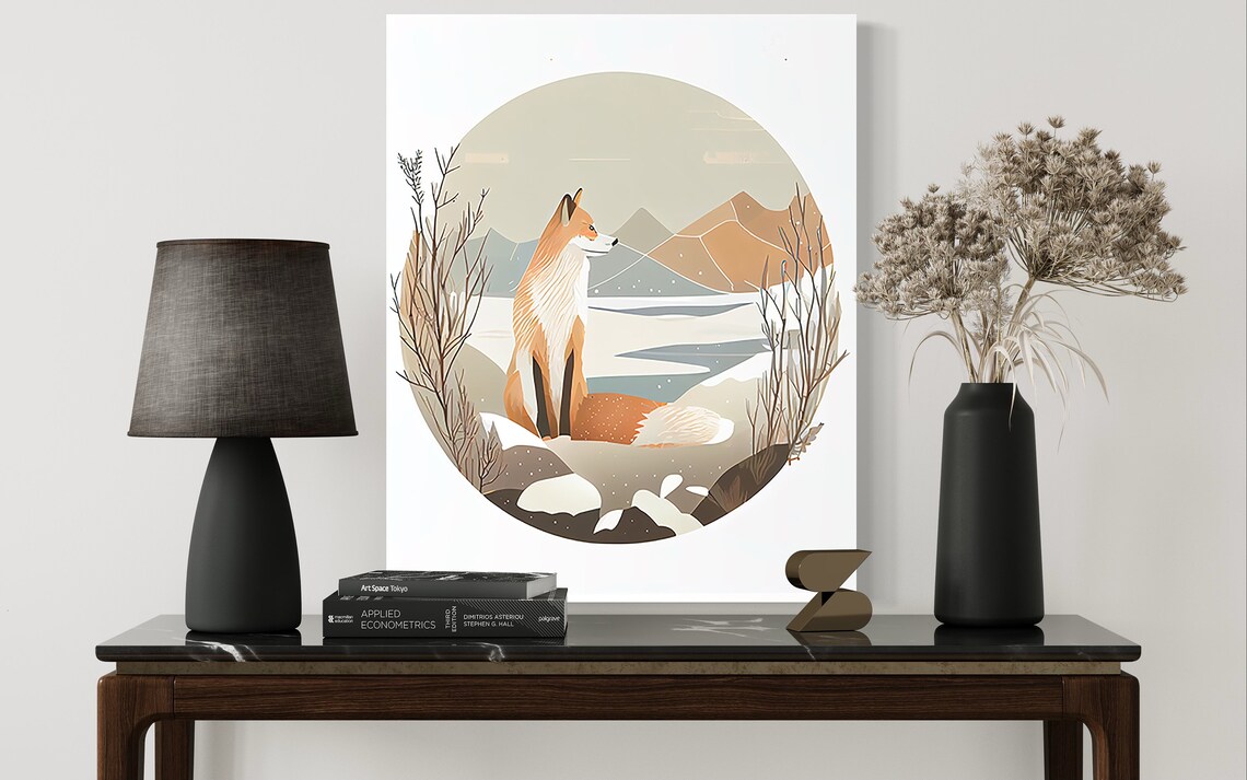 Red Fox Sitting Beside a Frozen Winter Lake Circle Art Poster - Image 2