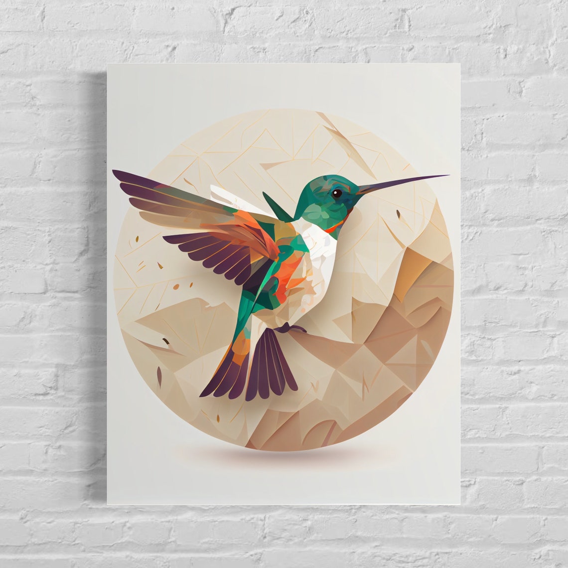 Hummingbird in Flight Over Geometric Low Poly Bird Art Poster