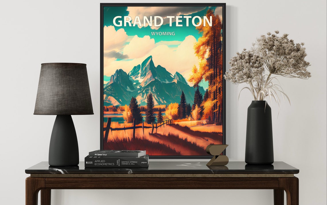 Grand Teton Wyoming Retro Art Print Grand Teton Wall Art Painting Grand Teton Vintage Minimal Design Poster - Image 2