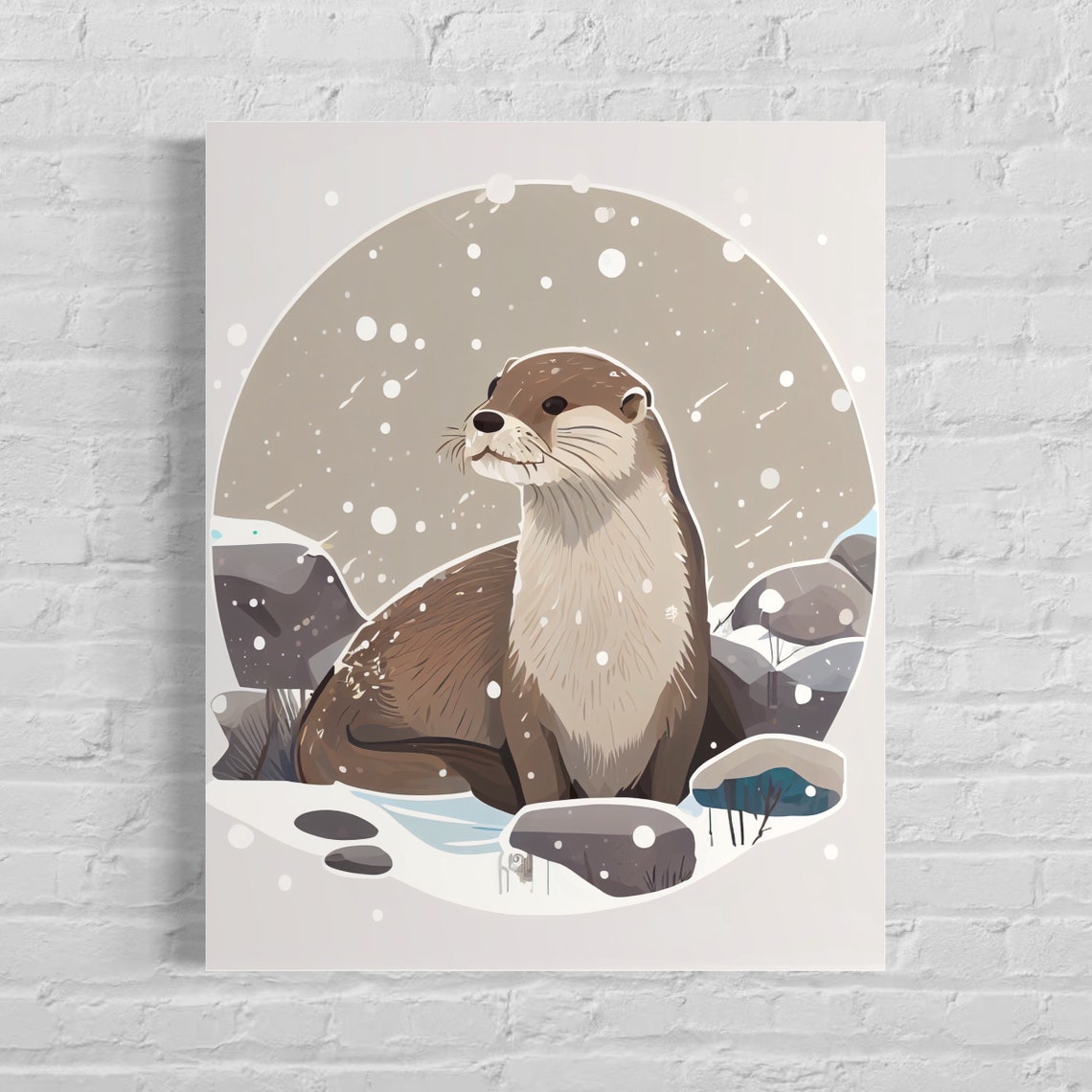 River Otter Sitting on Snowy River Rocks Winter Wildlife Art Poster