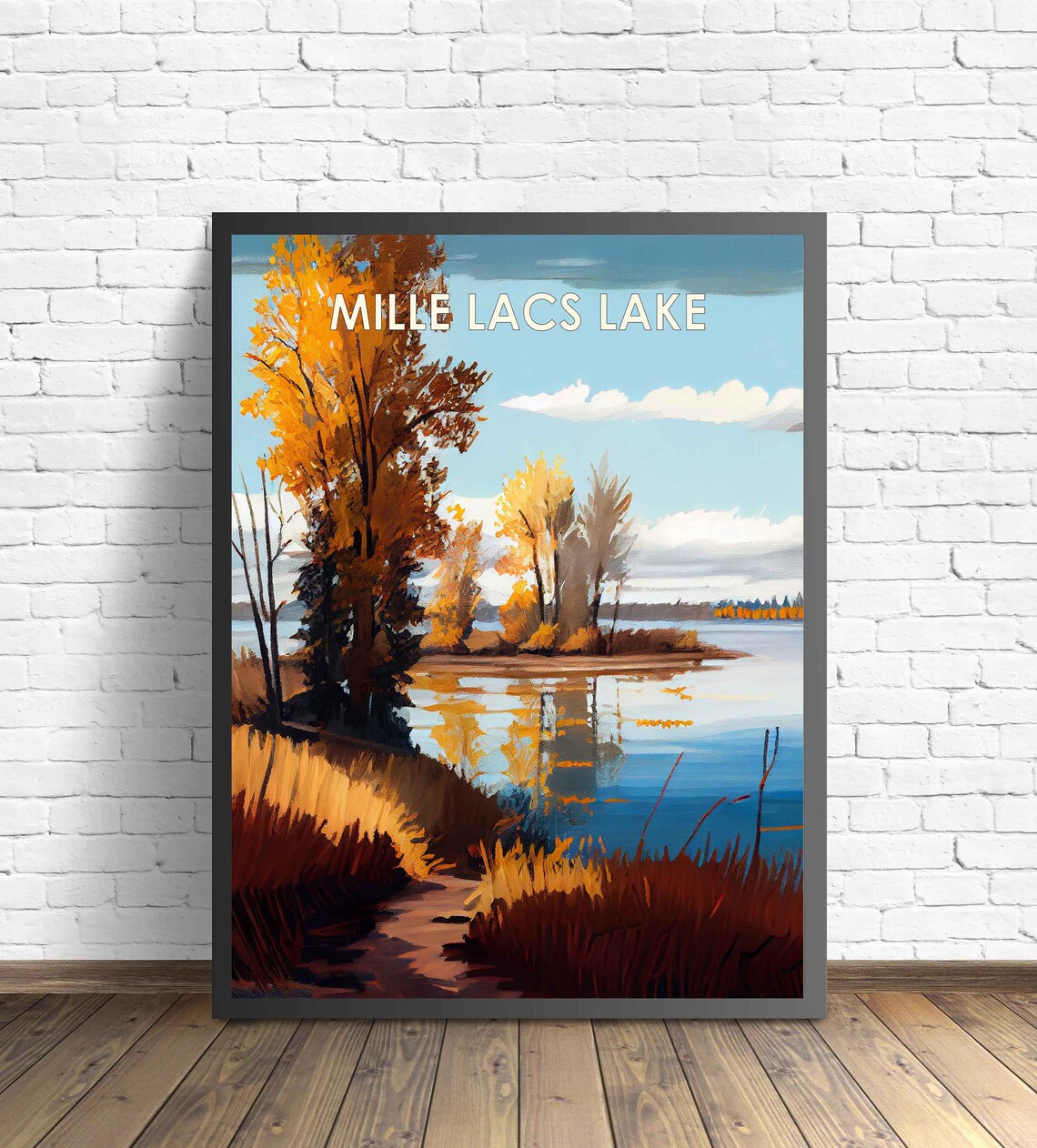 Mille Lacs Lake Minnesota Retro Poster with Golden Trees by the Water