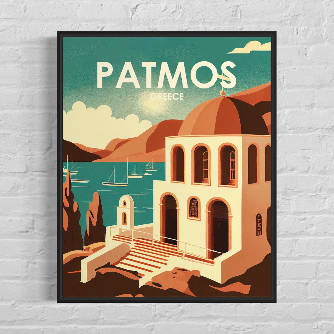 Patmos Greece Monastery Church Seaside Vintage Minimal Travel Poster
