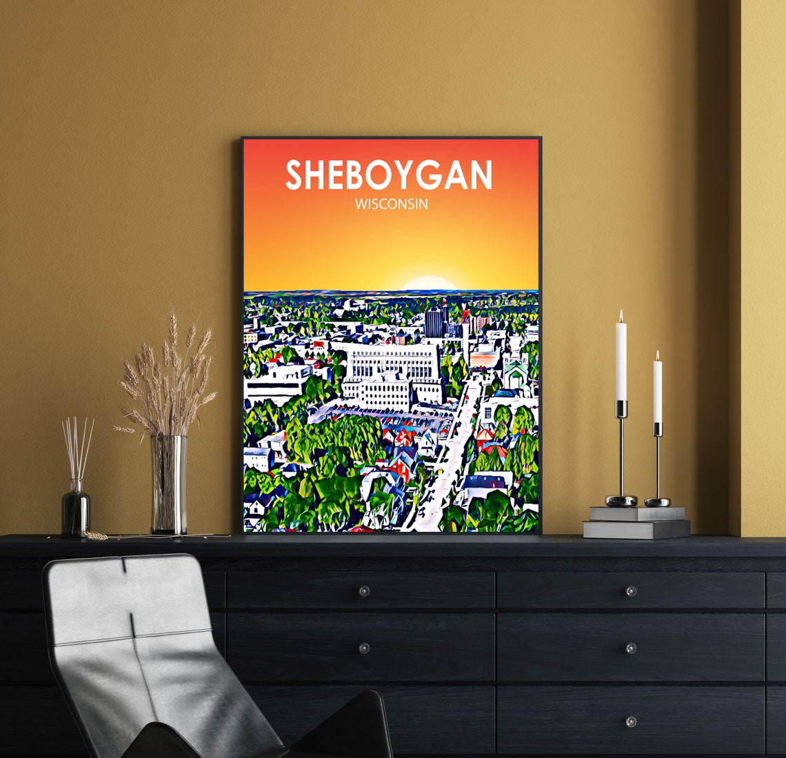 Sheboygan Wisconsin Sunset Aerial Downtown Sketch Art Poster - Image 2