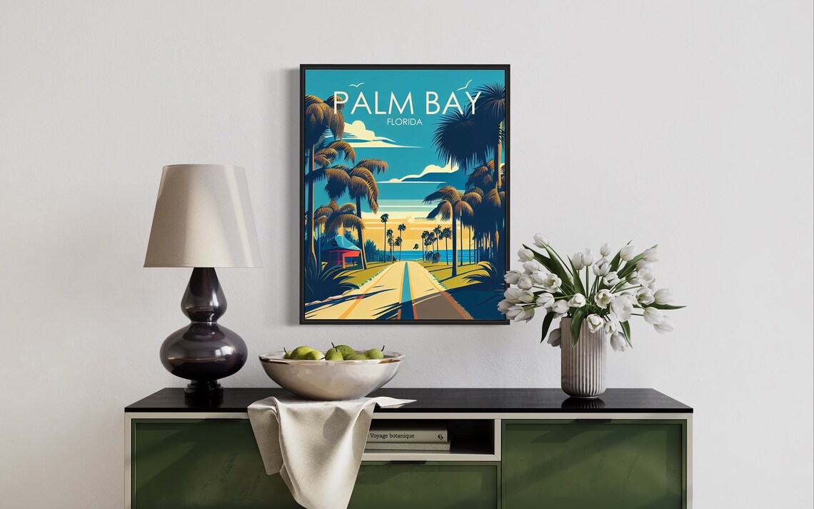 Palm Bay Florida Beach Road Palms Golden Coast Travel Poster - Image 2