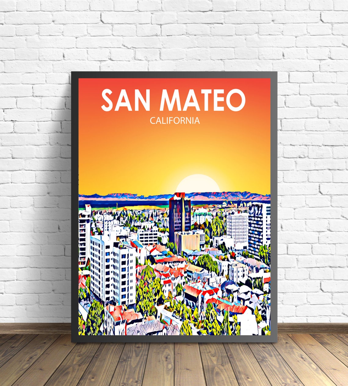 San Mateo California Sunset Downtown Skyline Painted Artwork Poster