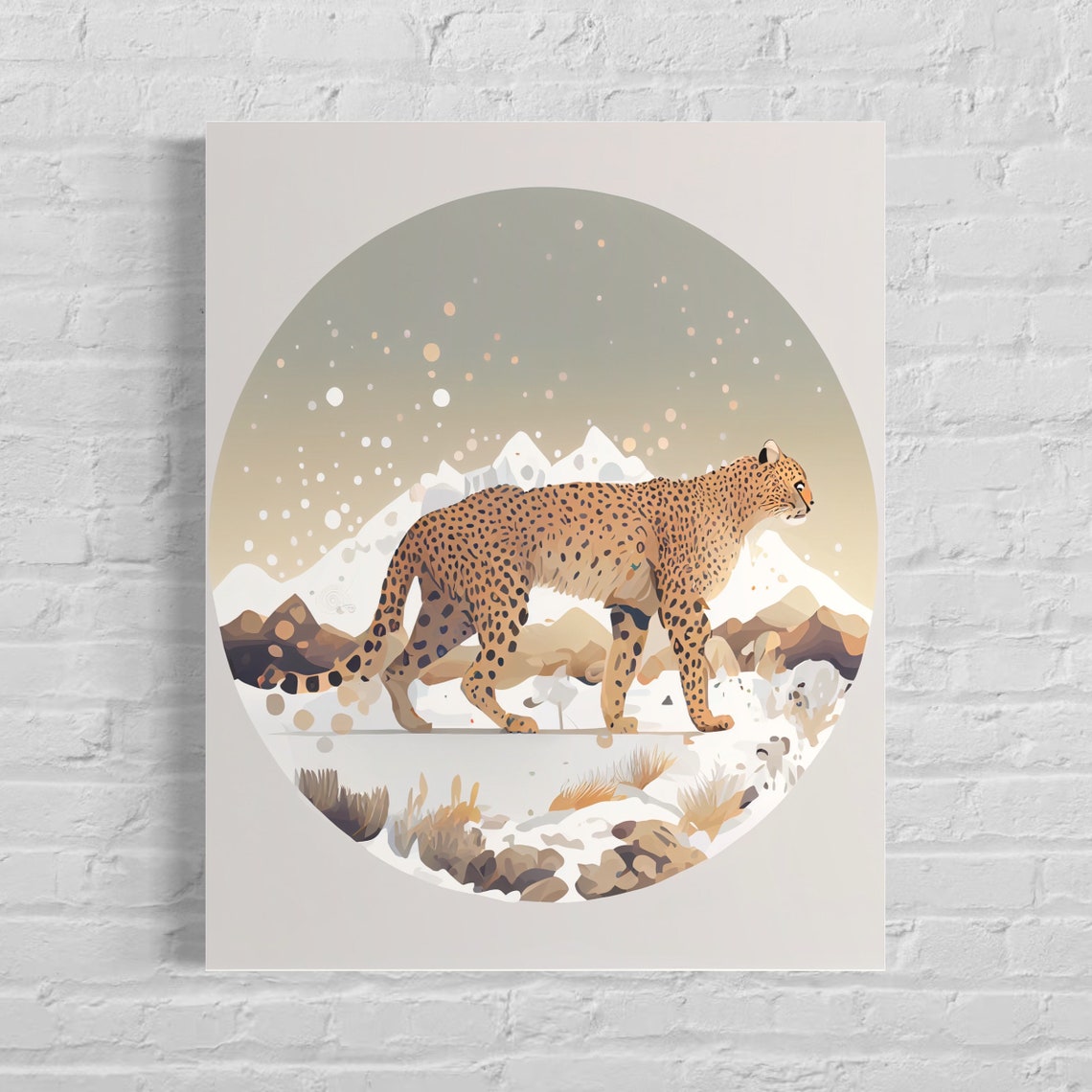 Leopard Walking Through Snowy Mountain Landscape Wildlife Art Poster