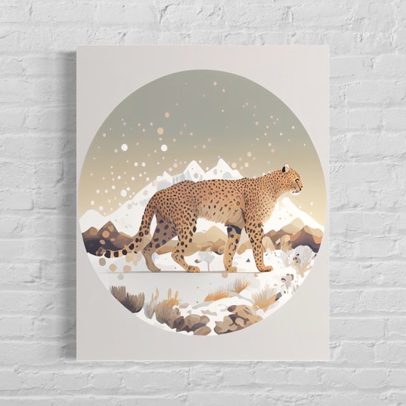 Leopard Walking Through Snowy Mountain Landscape Wildlife Art Poster