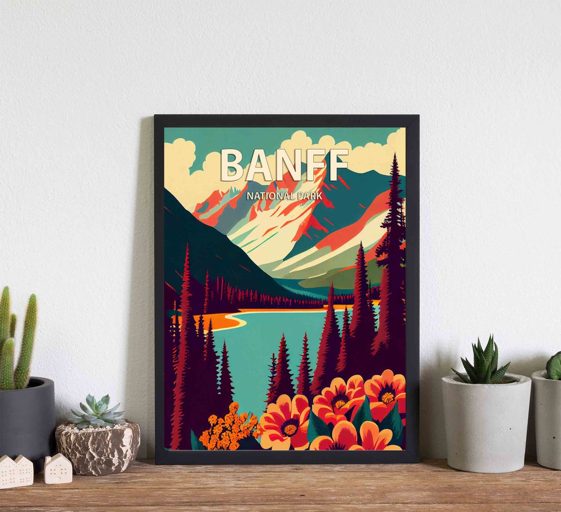 Banff National Park Alpine Lake Wildflower Scene Retro Travel Poster