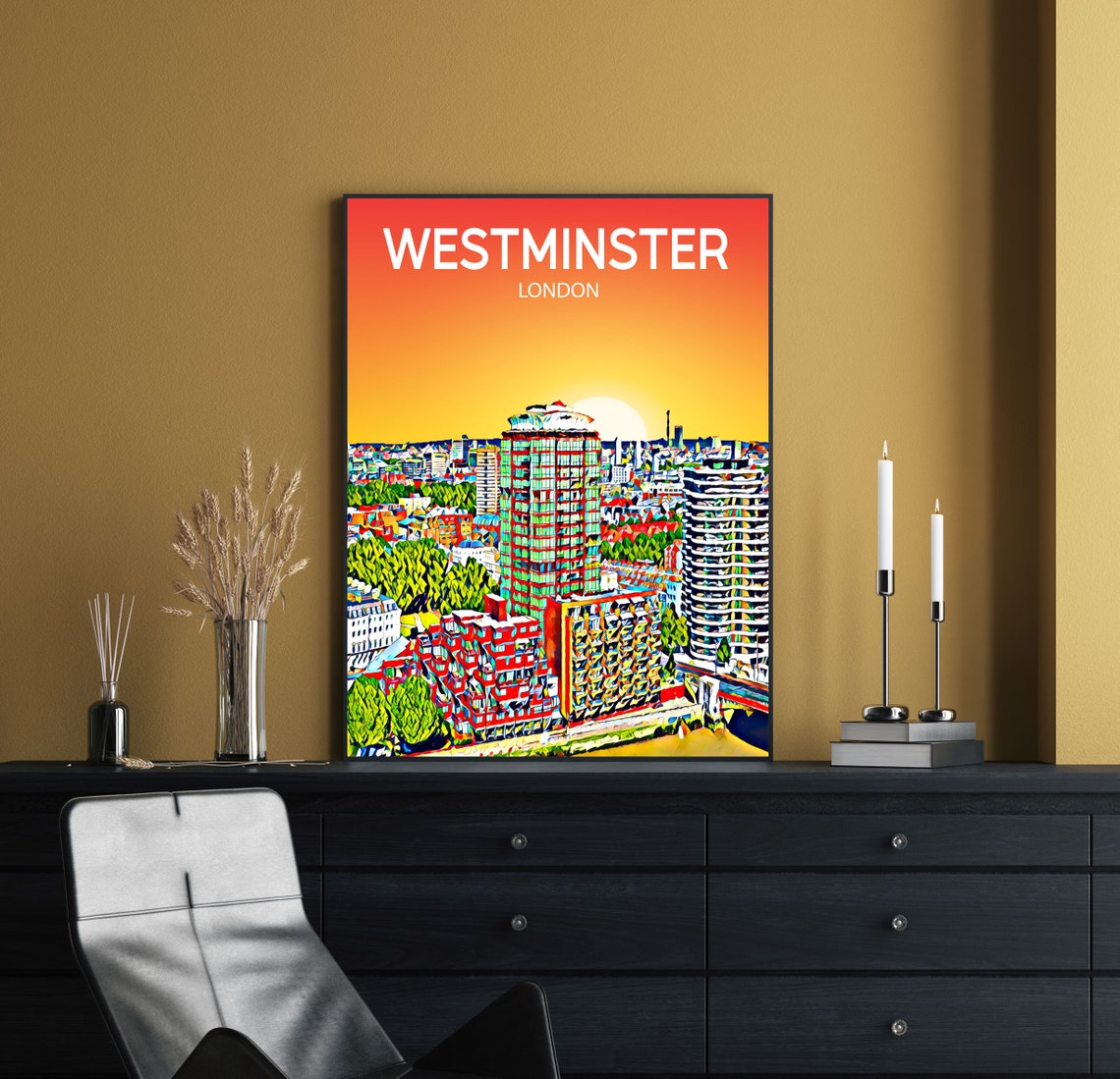 Westminster London Thames Sunset Skyline Pop Art Travel Poster - Image 2