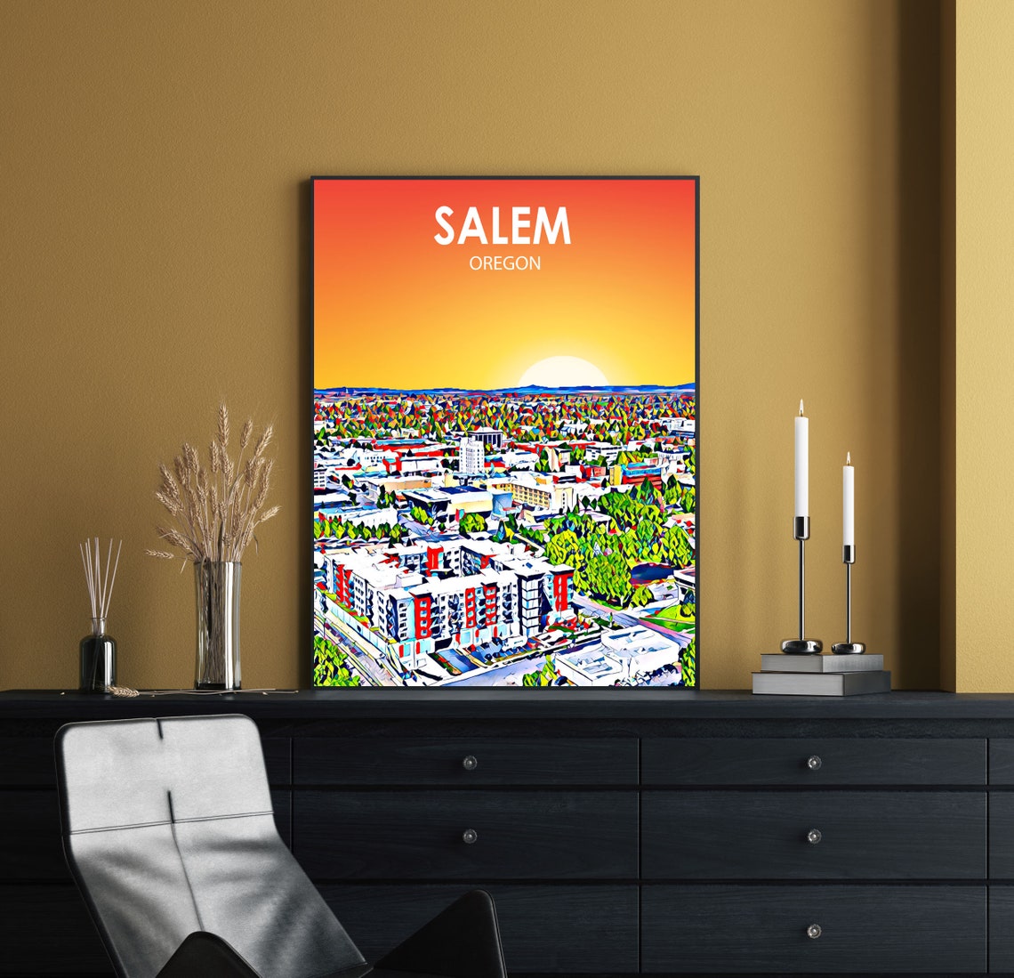Framed Salem Oregon Colorful Sunset Skyline City Travel Poster - Image 2