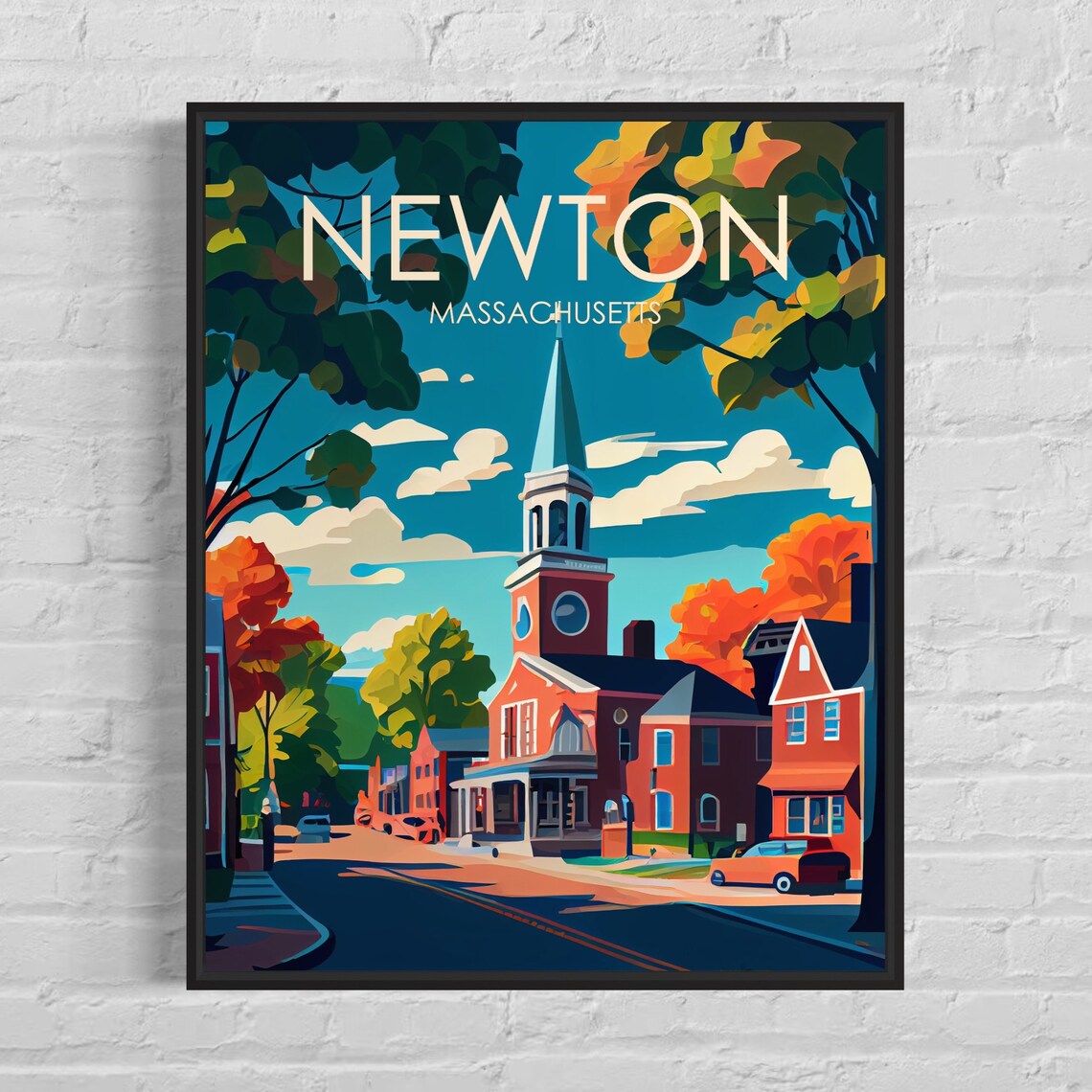 Newton Massachusetts Autumn Church Street New England Travel Poster