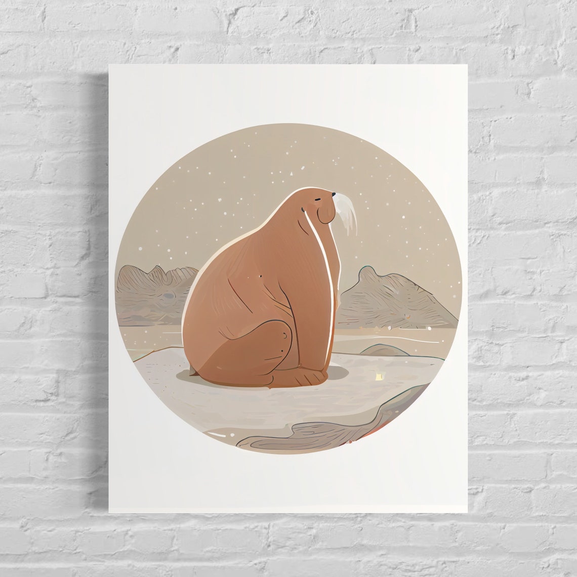 Walrus on Arctic Ice Floe in Soft Snow Retro Illustration Poster