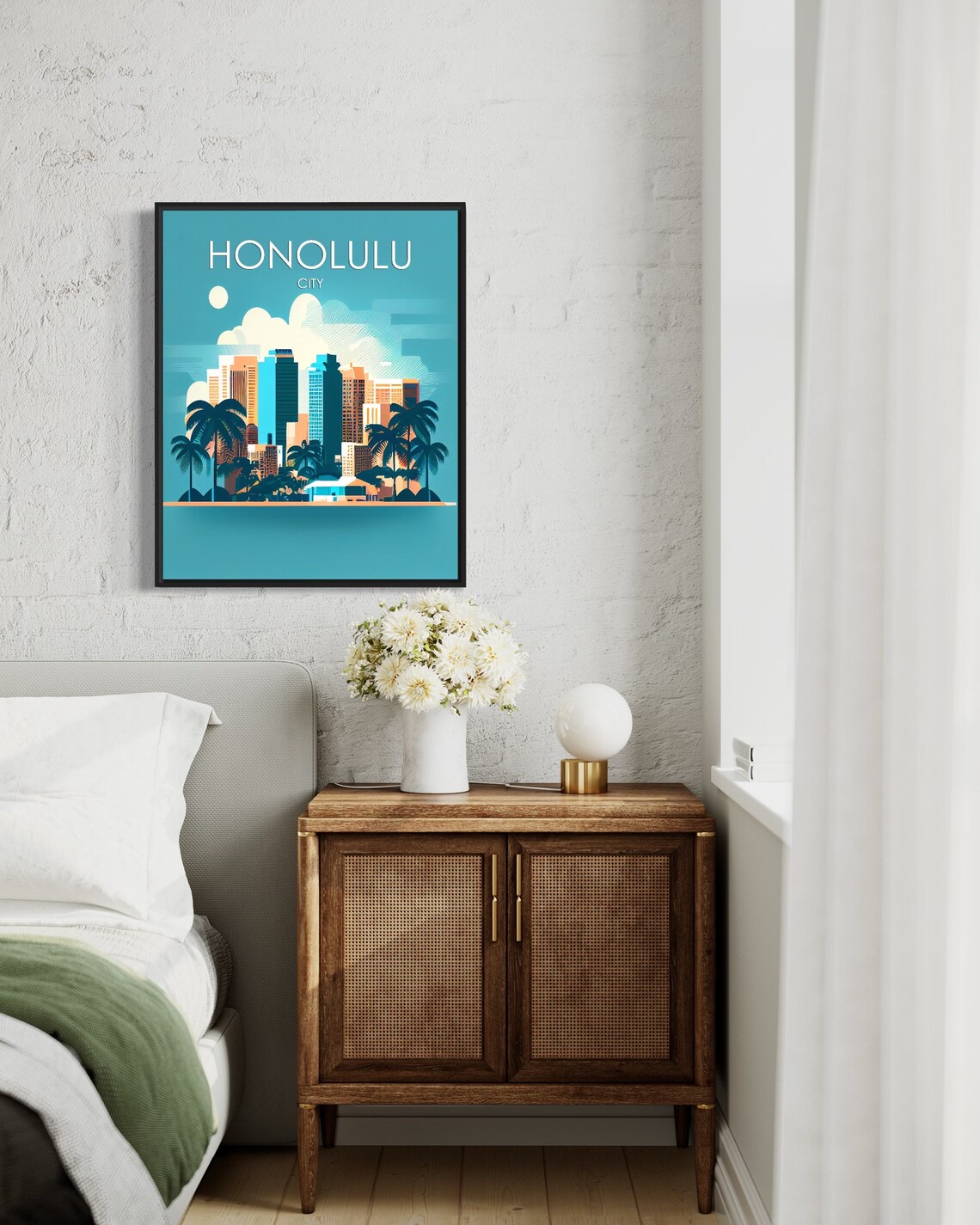 Honolulu City Skyline Tropical Palm Trees Retro Travel Poster - Image 3