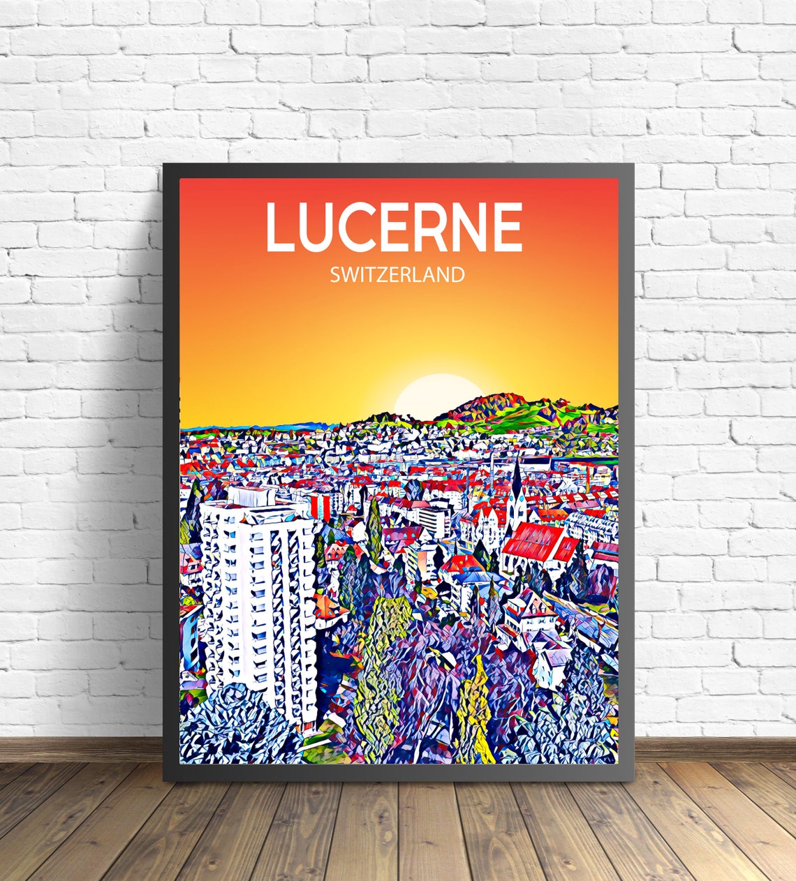 Lucerne Switzerland Sunset Skyline Vibrant Mosaic Cityscape Art Poster